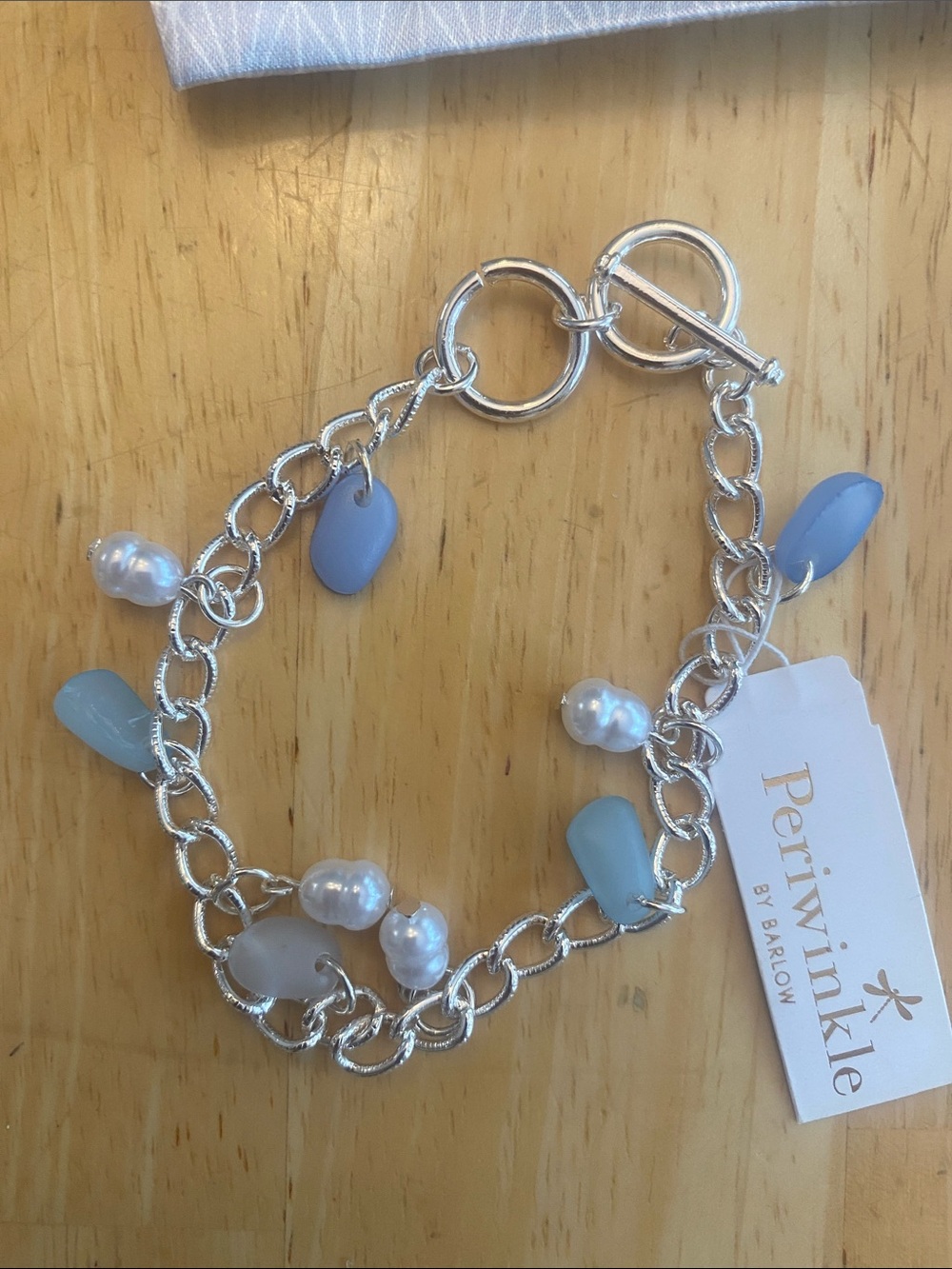 Periwinkle by Barlow Silver Chain Bracelet w Periwinkle Blue & faux pearl charms